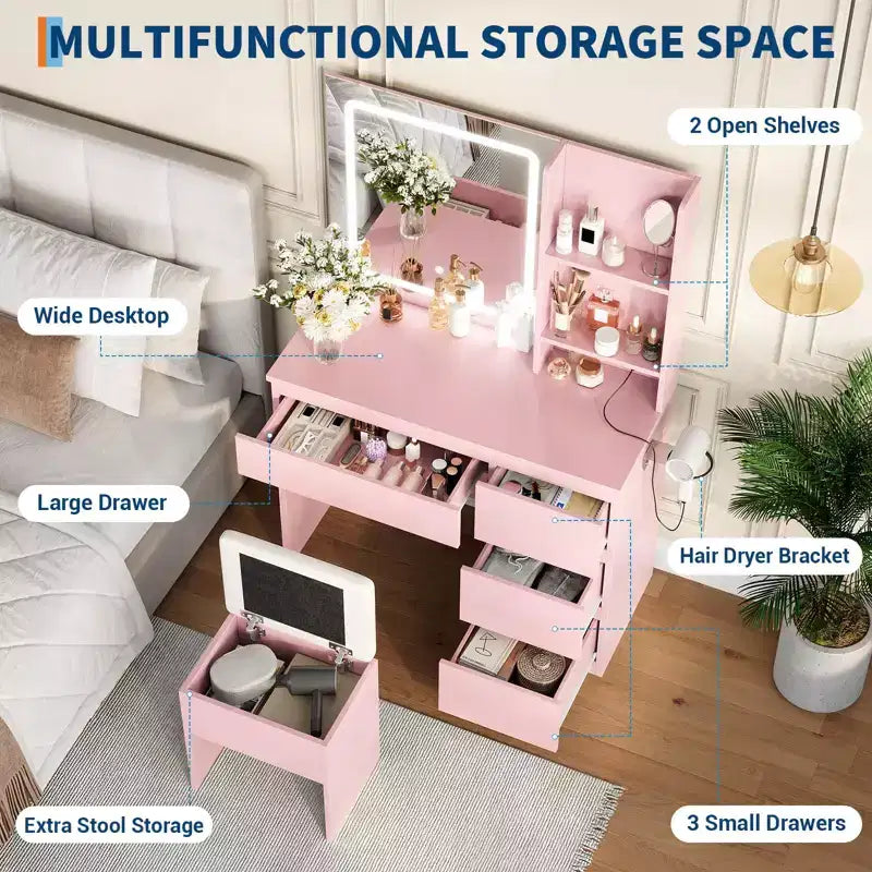 GustoWave Vanity Desk with Mirror and Lights - Modern Makeup Dressing Table with Outlets, Storage Stool, 4 Drawers - 3 Colors LED Vanity Mirror