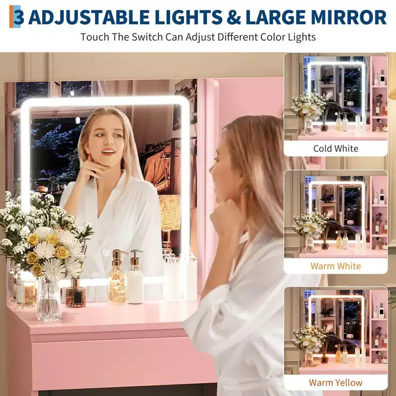 GustoWave Vanity Desk with Mirror and Lights - Modern Makeup Dressing Table with Outlets, Storage Stool, 4 Drawers - 3 Colors LED Vanity Mirror