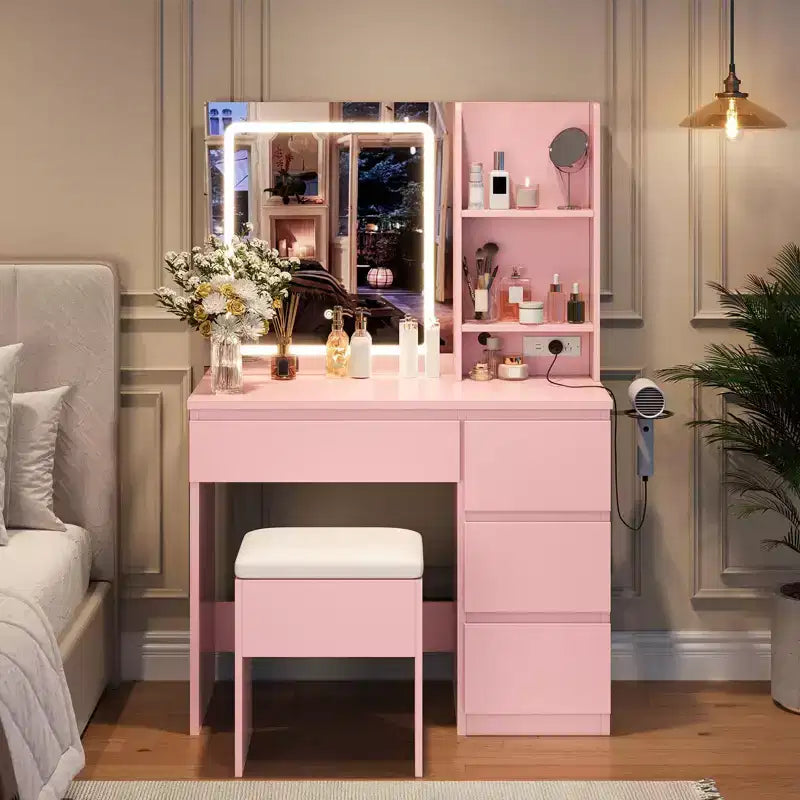 GustoWave Vanity Desk with Mirror and Lights - Modern Makeup Dressing Table with Outlets, Storage Stool, 4 Drawers - 3 Colors LED Vanity Mirror