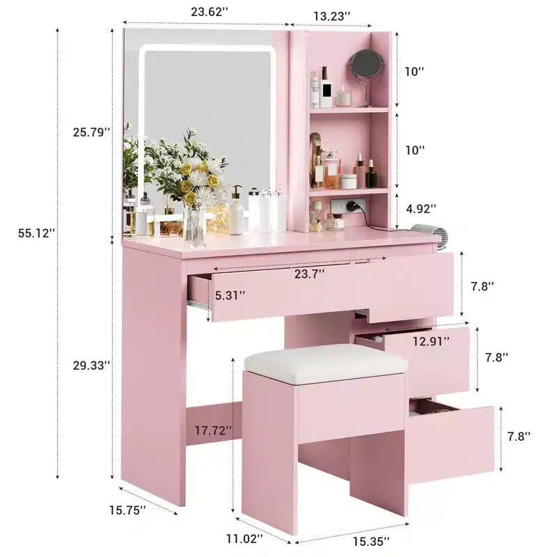 GustoWave Vanity Desk with Mirror and Lights - Modern Makeup Dressing Table with Outlets, Storage Stool, 4 Drawers - 3 Colors LED Vanity Mirror