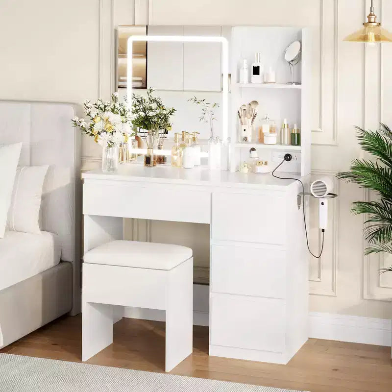 GustoWave Vanity Desk with Mirror and Lights - Modern Makeup Dressing Table with Outlets, Storage Stool, 4 Drawers - 3 Colors LED Vanity Mirror