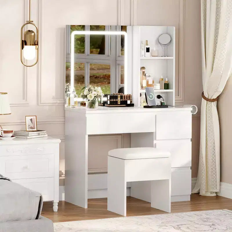 GustoWave Vanity Desk with Mirror and Lights - Modern Makeup Dressing Table with Outlets, Storage Stool, 4 Drawers - 3 Colors LED Vanity Mirror