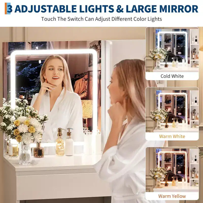 GustoWave Vanity Desk with Mirror and Lights - Modern Makeup Dressing Table with Outlets, Storage Stool, 4 Drawers - 3 Colors LED Vanity Mirror