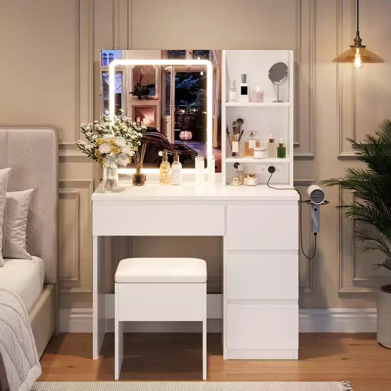 GustoWave Vanity Desk with Mirror and Lights - Modern Makeup Dressing Table with Outlets, Storage Stool, 4 Drawers - 3 Colors LED Vanity Mirror