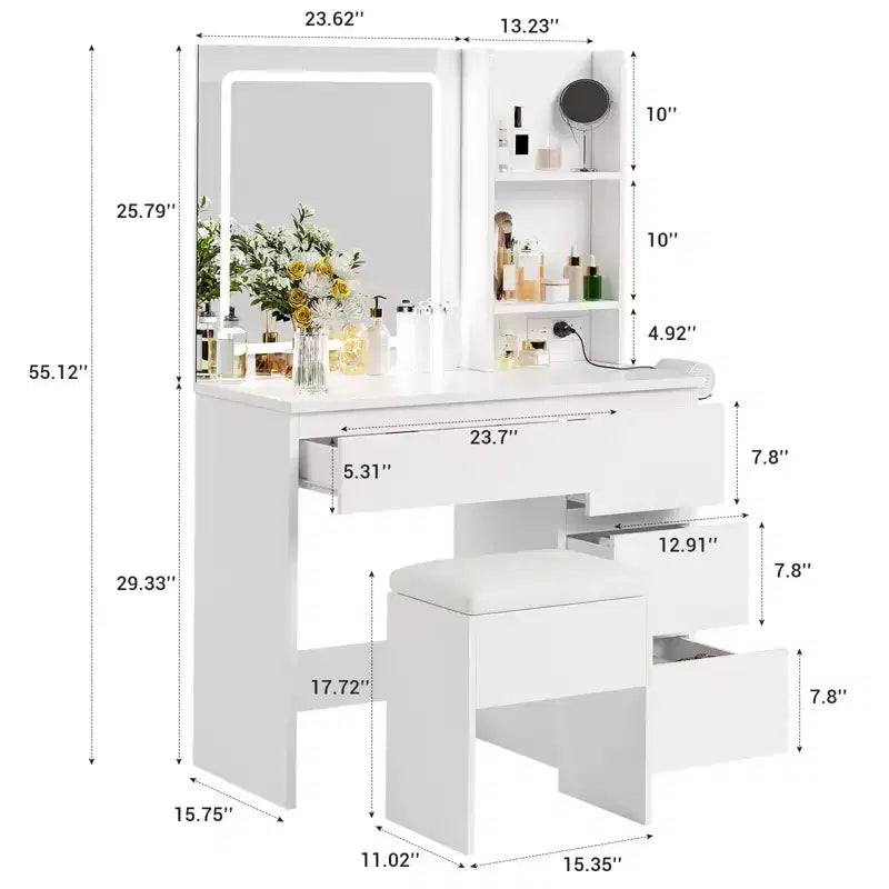 GustoWave Vanity Desk with Mirror and Lights - Modern Makeup Dressing Table with Outlets, Storage Stool, 4 Drawers - 3 Colors LED Vanity Mirror