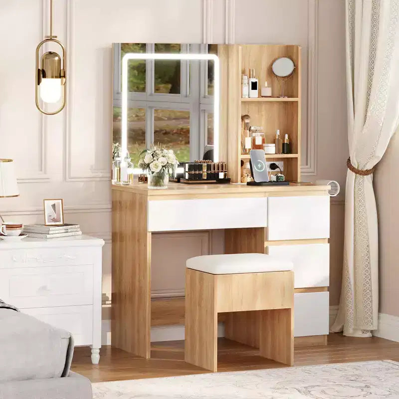 GustoWave Vanity Desk with Mirror and Lights - Modern Makeup Dressing Table with Outlets, Storage Stool, 4 Drawers - 3 Colors LED Vanity Mirror