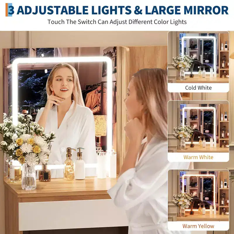 GustoWave Vanity Desk with Mirror and Lights - Modern Makeup Dressing Table with Outlets, Storage Stool, 4 Drawers - 3 Colors LED Vanity Mirror
