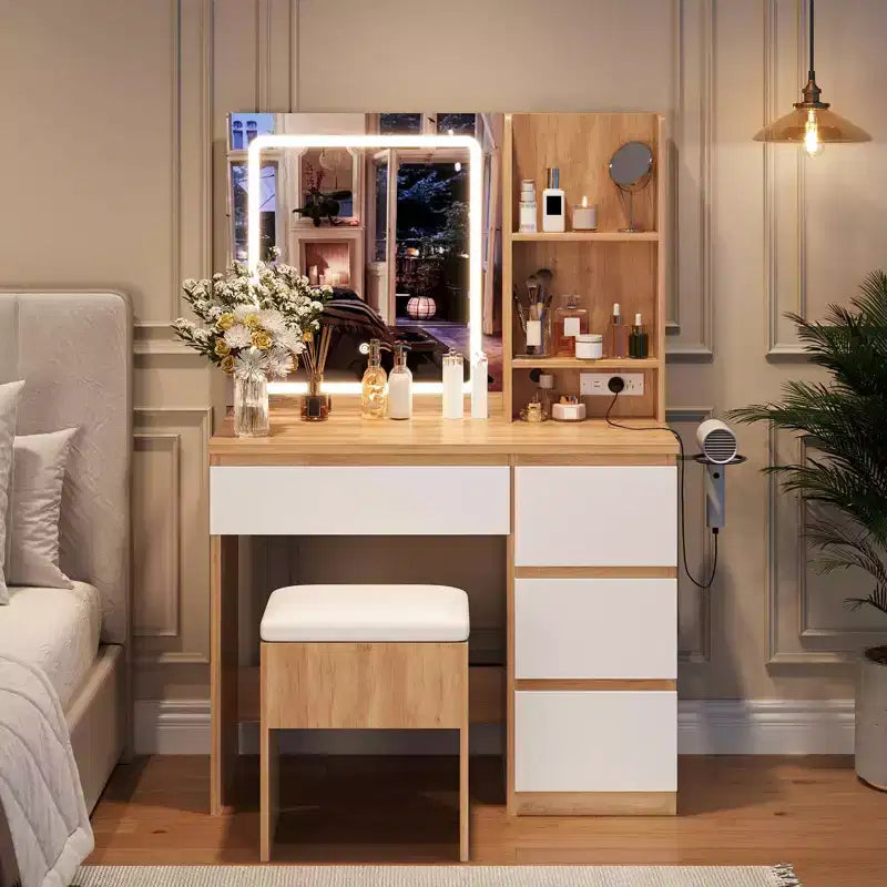 GustoWave Vanity Desk with Mirror and Lights - Modern Makeup Dressing Table with Outlets, Storage Stool, 4 Drawers - 3 Colors LED Vanity Mirror