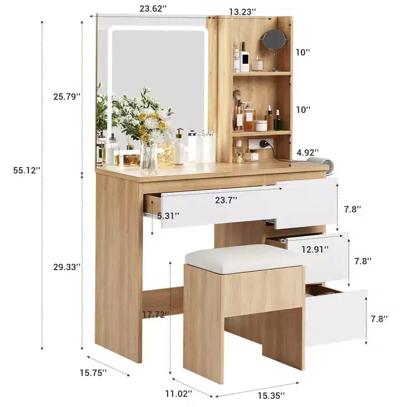 GustoWave Vanity Desk with Mirror and Lights - Modern Makeup Dressing Table with Outlets, Storage Stool, 4 Drawers - 3 Colors LED Vanity Mirror