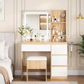 GustoWave Vanity Desk with Mirror and Lights - Modern Makeup Dressing Table with Outlets, Storage Stool, 4 Drawers - 3 Colors LED Vanity Mirror