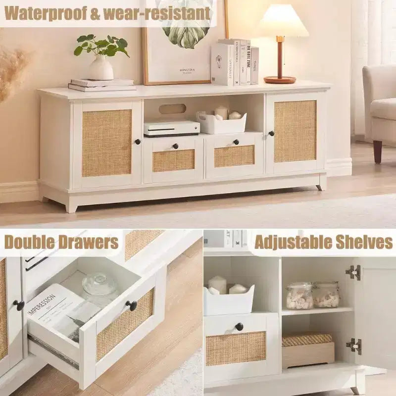 GustoWave TV Console Table, Rattan Entertainment Center with 2 Cabinets & Adjustable Shelf for up to 70 Inch TV, White