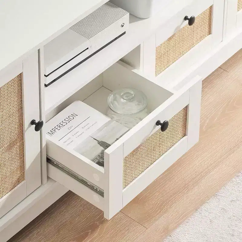 GustoWave TV Console Table, Rattan Entertainment Center with 2 Cabinets & Adjustable Shelf for up to 70 Inch TV, White