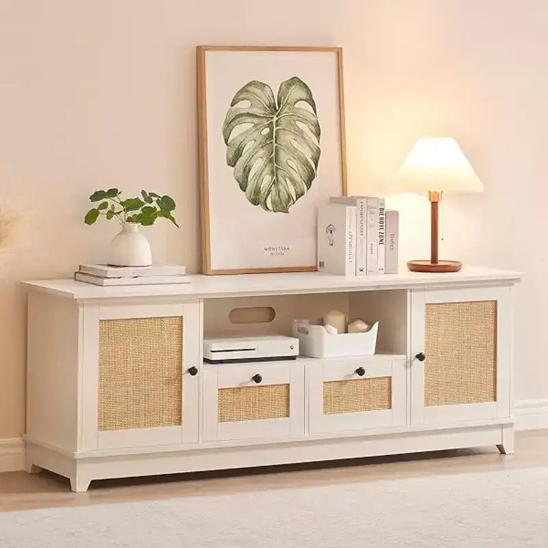 GustoWave TV Console Table, Rattan Entertainment Center with 2 Cabinets & Adjustable Shelf for up to 70 Inch TV, White