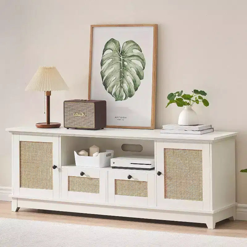 GustoWave TV Console Table, Rattan Entertainment Center with 2 Cabinets & Adjustable Shelf for up to 70 Inch TV, White