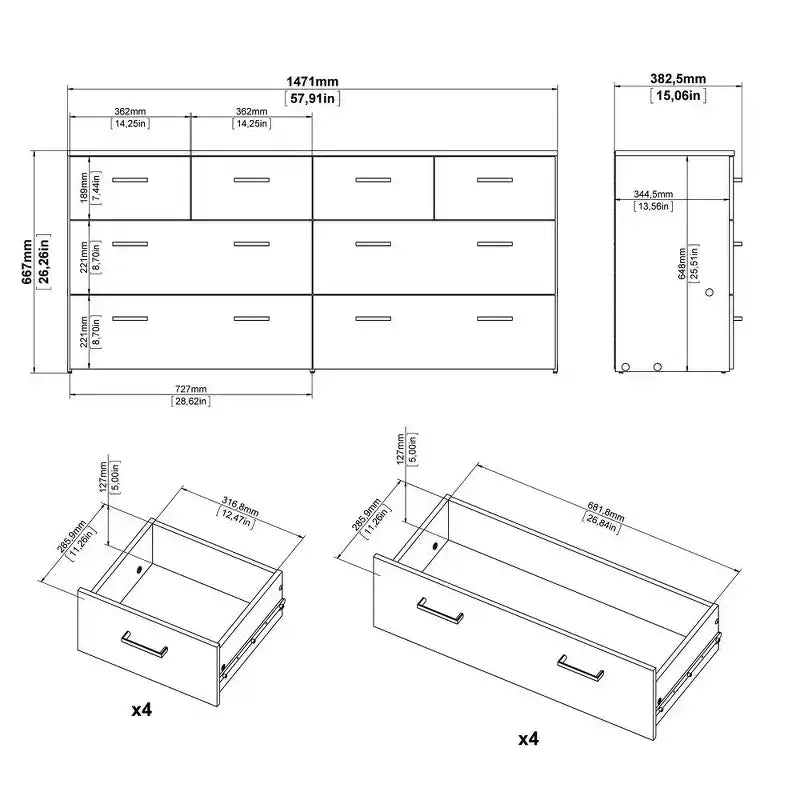 Tvilum,8 Drawer Double Dresser Oak Structure/White