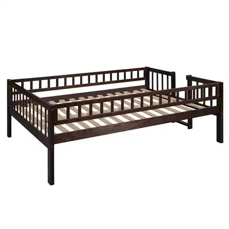 Full-Over-Full-Over-Full Triple Bed with Built-in Ladder and Slide , Triple Bunk Bed with Guardrails, Espresso