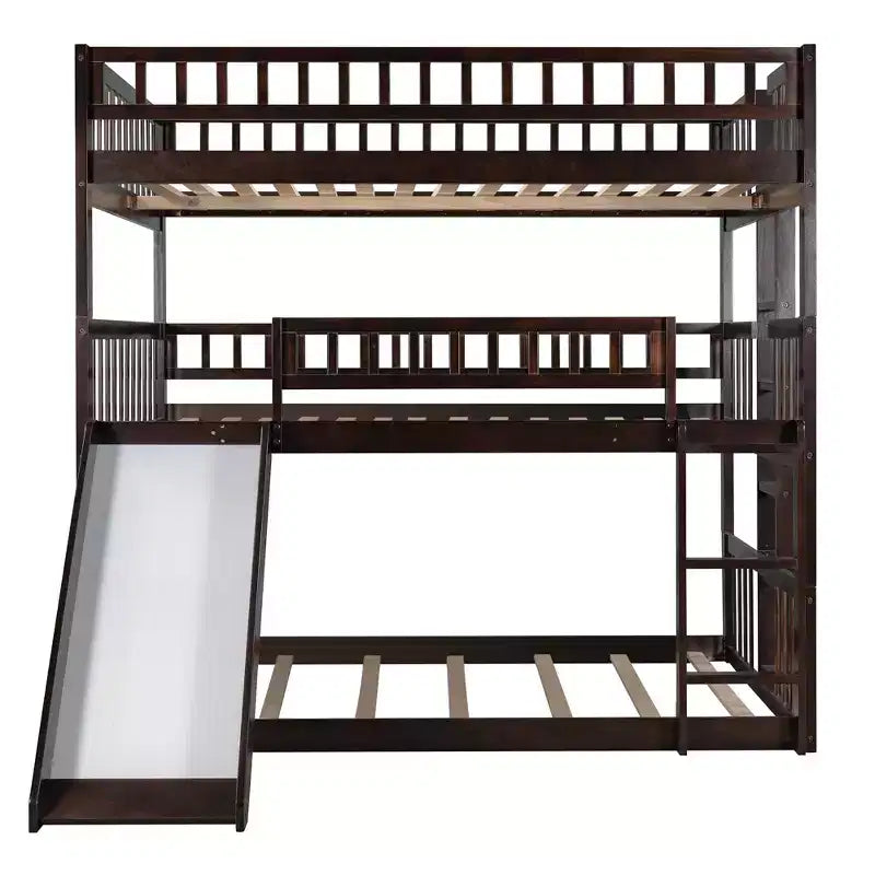 Full-Over-Full-Over-Full Triple Bed with Built-in Ladder and Slide , Triple Bunk Bed with Guardrails, Espresso