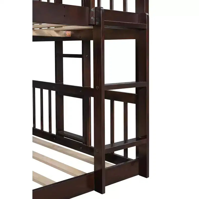 Full-Over-Full-Over-Full Triple Bed with Built-in Ladder and Slide , Triple Bunk Bed with Guardrails, Espresso