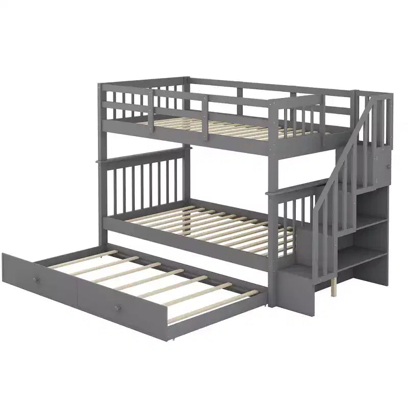 Stairway Twin-Over-Twin Bunk Bed with Twin size Trundle for Bedroom, Dorm, Adults, White