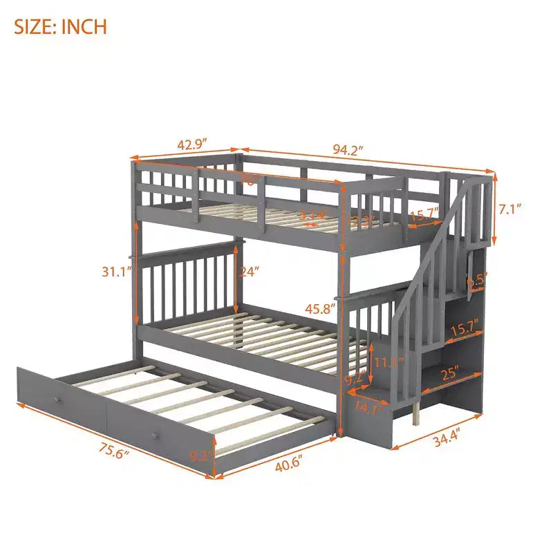 Stairway Twin-Over-Twin Bunk Bed with Twin size Trundle for Bedroom, Dorm, Adults, White