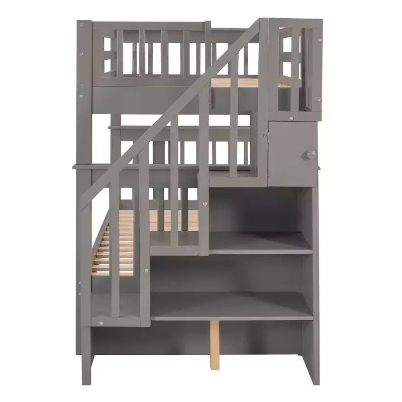 Stairway Twin-Over-Twin Bunk Bed with Twin size Trundle for Bedroom, Dorm, Adults, White