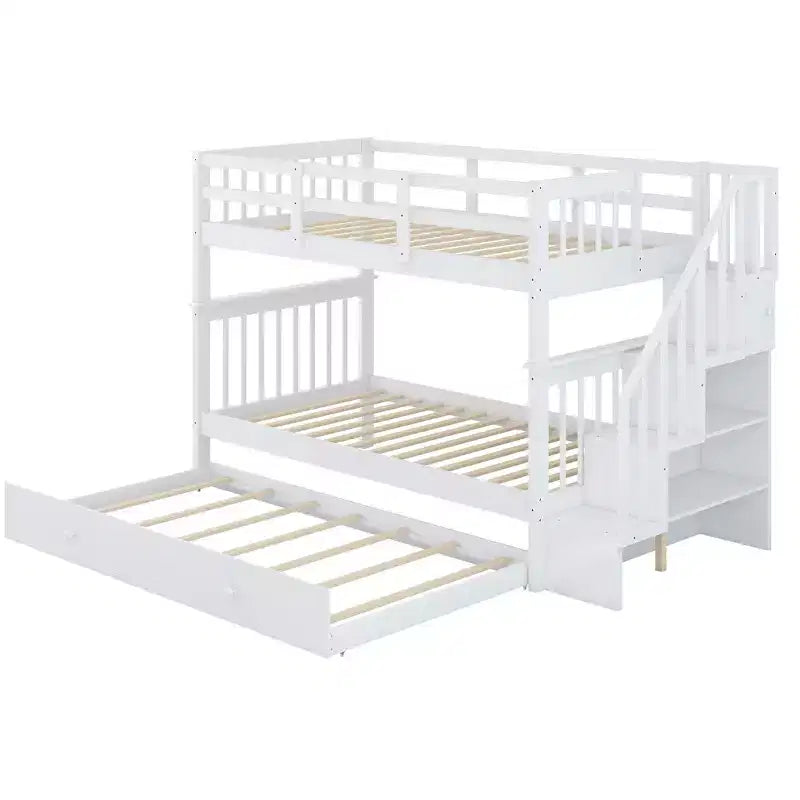 Stairway Twin-Over-Twin Bunk Bed with Twin size Trundle for Bedroom, Dorm, Adults, White