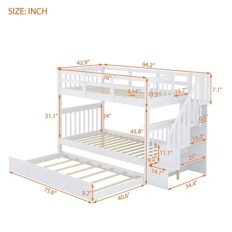 Stairway Twin-Over-Twin Bunk Bed with Twin size Trundle for Bedroom, Dorm, Adults, White