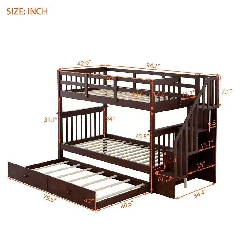 Stairway Twin-Over-Twin Bunk Bed with Twin size Trundle for Bedroom, Dorm, Adults, White