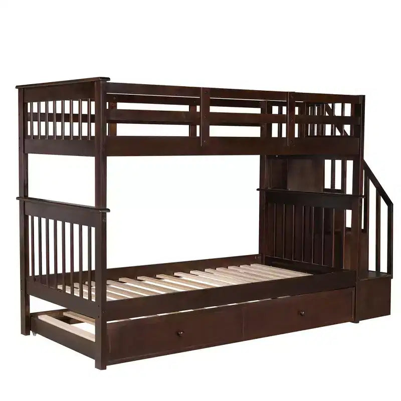 Stairway Twin-Over-Twin Bunk Bed with Twin size Trundle for Bedroom, Dorm, Adults, White