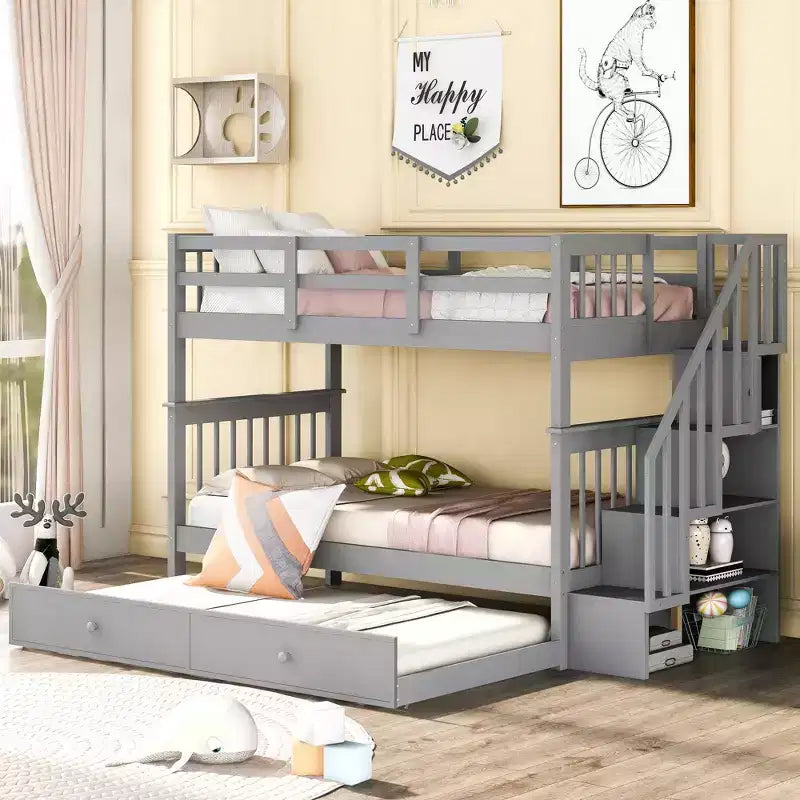 Stairway Twin-Over-Twin Bunk Bed with Twin size Trundle for Bedroom, Dorm, Adults, White