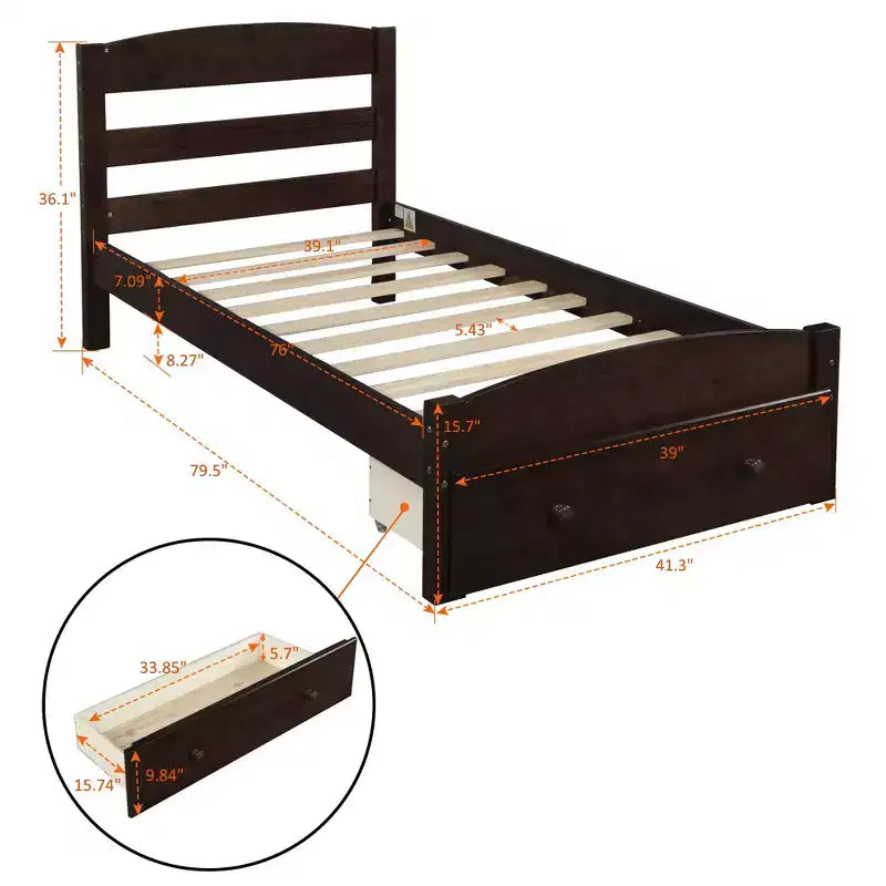 Cadre de lit double plate-forme avec tiroir de rangement et lattes en bois, aucun sommier tapissier requis Espresso