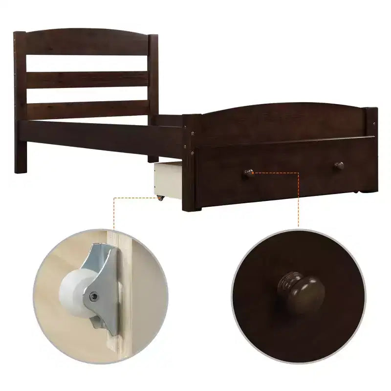 Cadre de lit double plate-forme avec tiroir de rangement et lattes en bois, aucun sommier tapissier requis Espresso