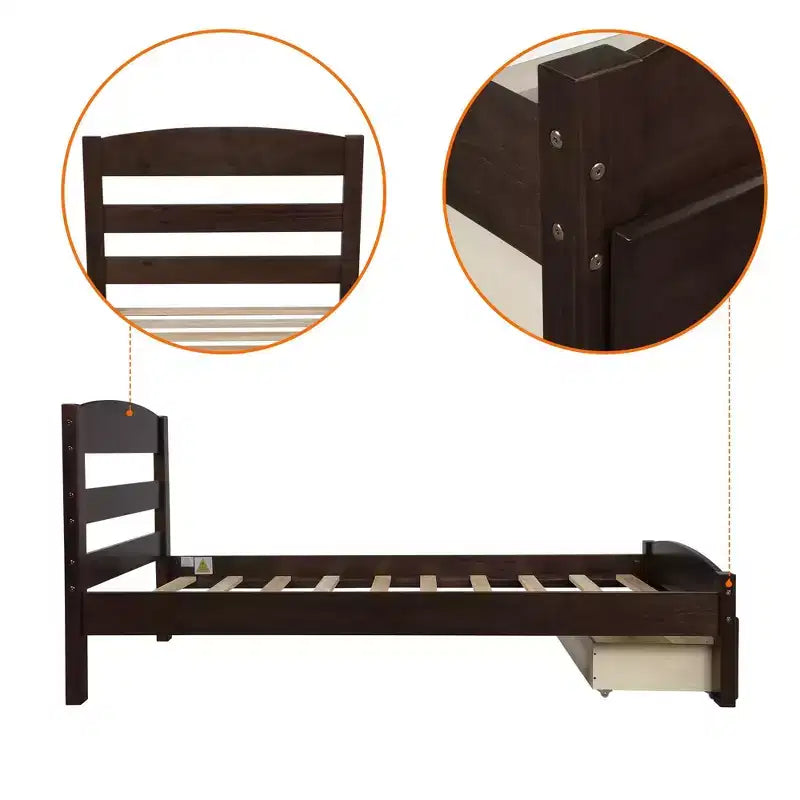 Cadre de lit double plate-forme avec tiroir de rangement et lattes en bois, aucun sommier tapissier requis Espresso
