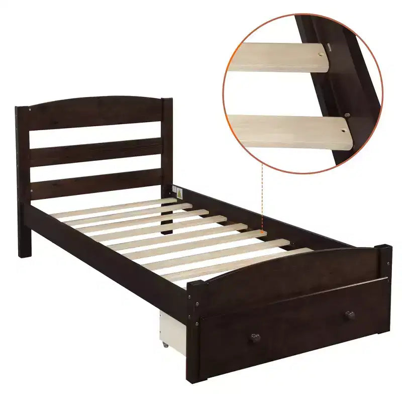 Cadre de lit double plate-forme avec tiroir de rangement et lattes en bois, aucun sommier tapissier requis Espresso