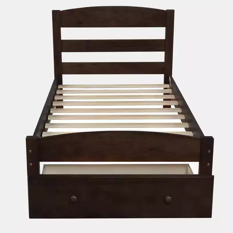 Cadre de lit double plate-forme avec tiroir de rangement et lattes en bois, aucun sommier tapissier requis Espresso