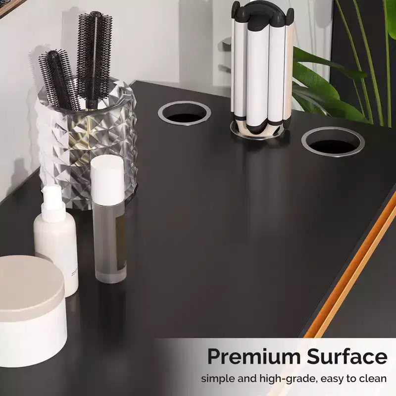 Karl Home Black Salon Styling Storage Station with Square Mirror and 3 Drawers