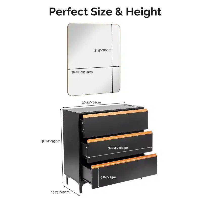 Karl Home Black Salon Styling Storage Station with Square Mirror and 3 Drawers