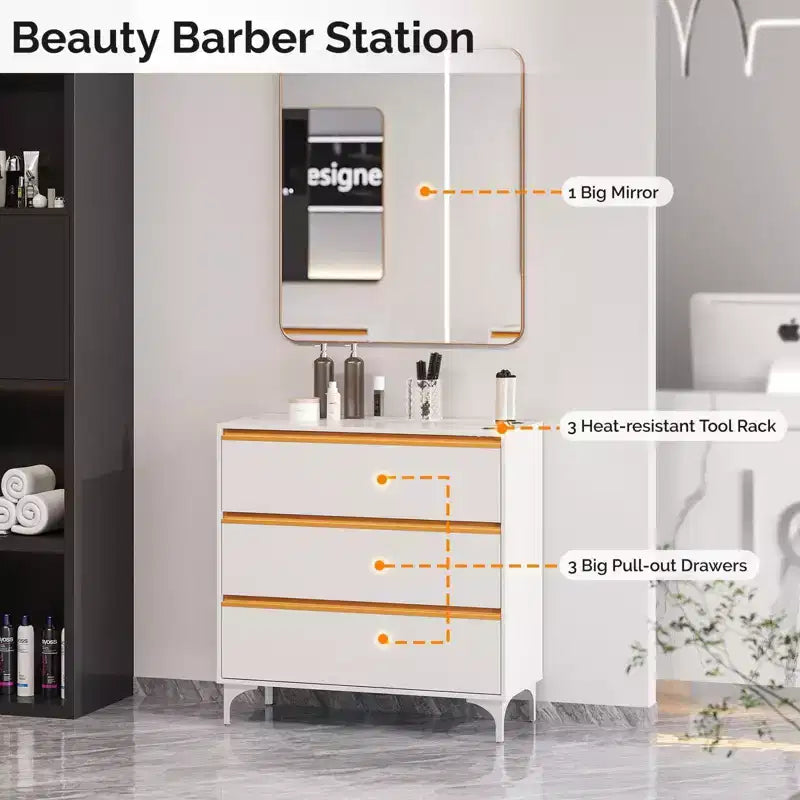 Karl Home Black Salon Styling Storage Station with Square Mirror and 3 Drawers