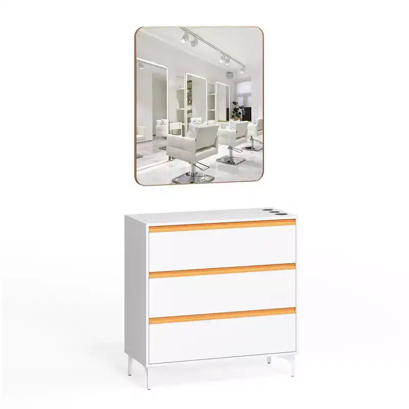 Karl Home Black Salon Styling Storage Station with Square Mirror and 3 Drawers