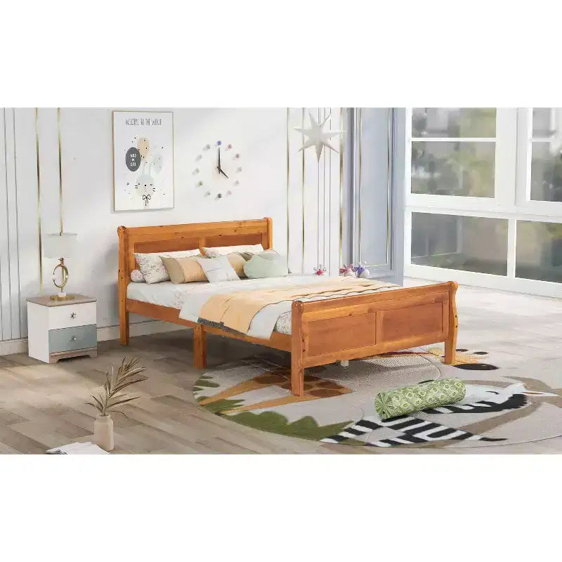 Full Size Wood Platform Bed with Headboard and Wooden Slat Support (Oak)
