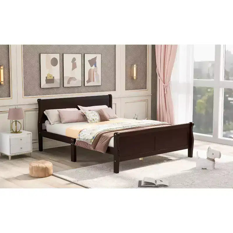 Full Size Wood Platform Bed with Headboard and Wooden Slat Support (Oak)