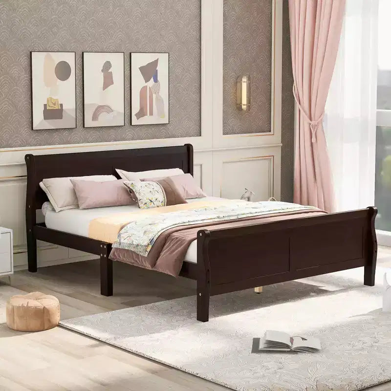 Full Size Wood Platform Bed with Headboard and Wooden Slat Support (Oak)