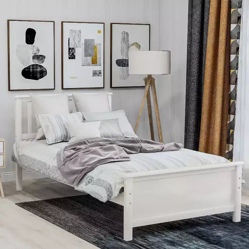 Twin Size Wood Platform Bed with Headboard Footboard and Wood Slat Support White