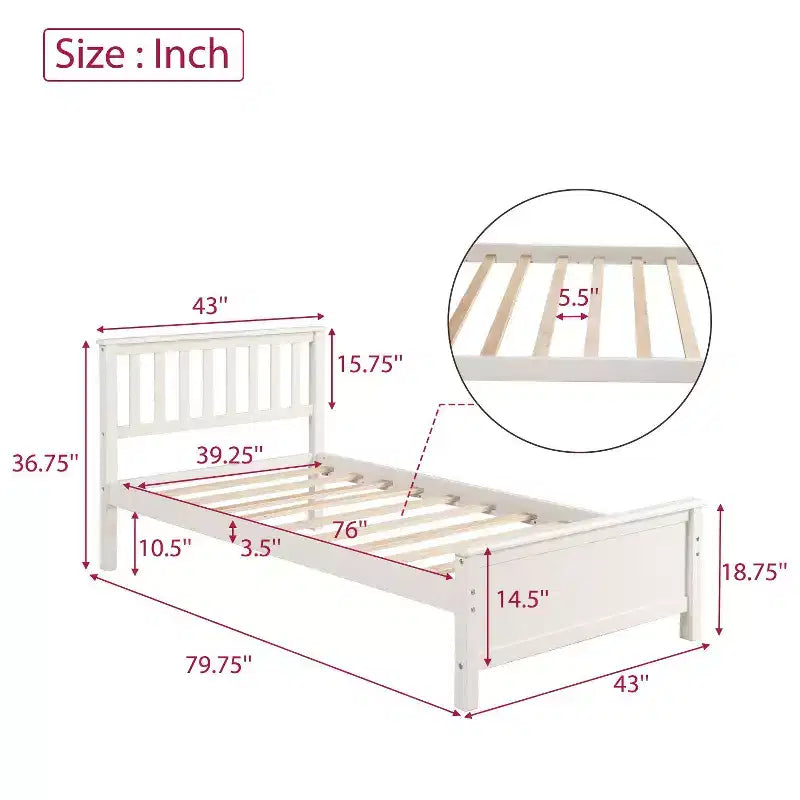 Twin Size Wood Platform Bed with Headboard Footboard and Wood Slat Support White
