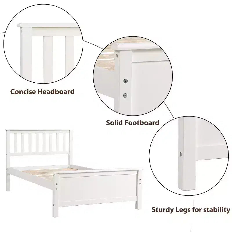 Twin Size Wood Platform Bed with Headboard Footboard and Wood Slat Support White
