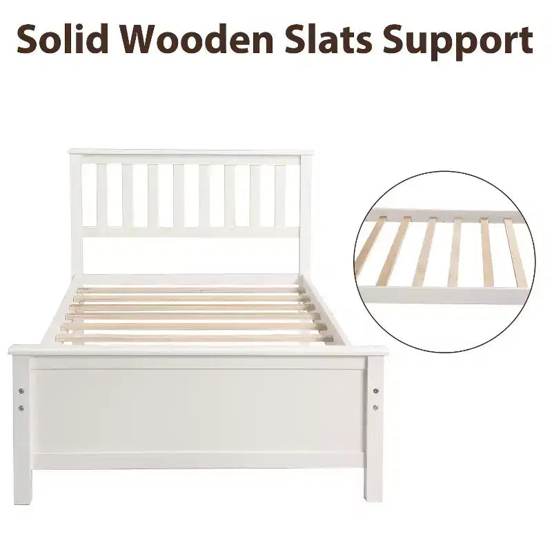 Twin Size Wood Platform Bed with Headboard Footboard and Wood Slat Support White