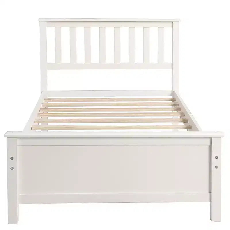 Twin Size Wood Platform Bed with Headboard Footboard and Wood Slat Support White