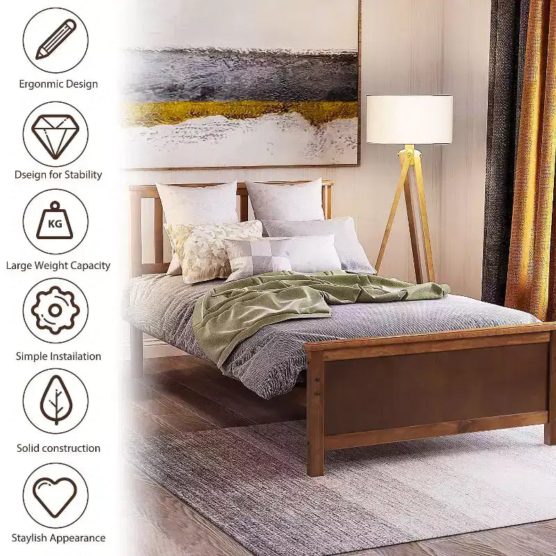Twin Size Wood Platform Bed with Headboard Footboard and Wood Slat Support White