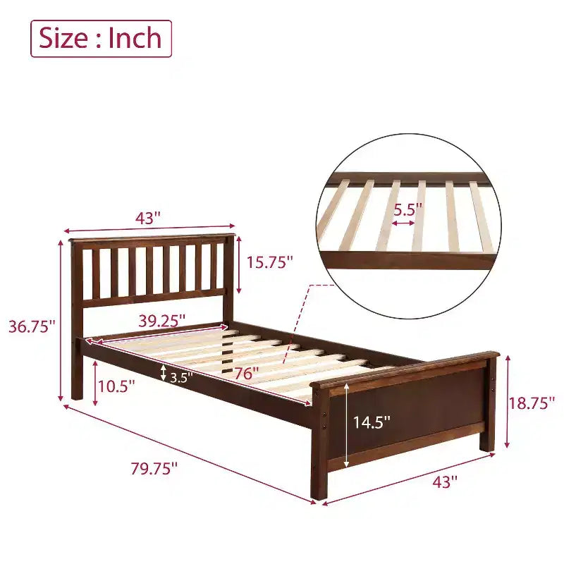 Twin Size Wood Platform Bed with Headboard Footboard and Wood Slat Support White