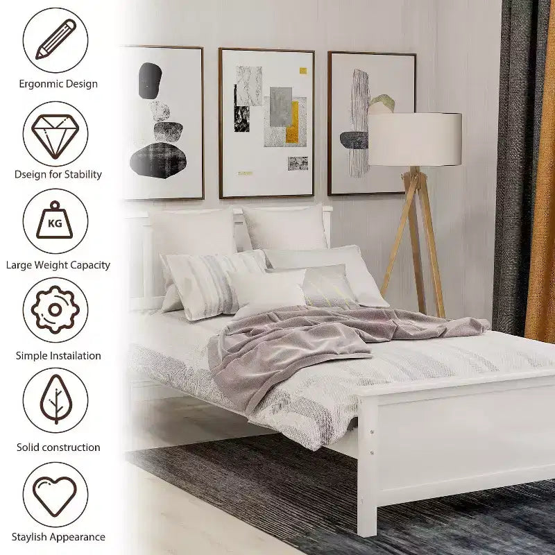 Twin Size Wood Platform Bed with Headboard Footboard and Wood Slat Support White